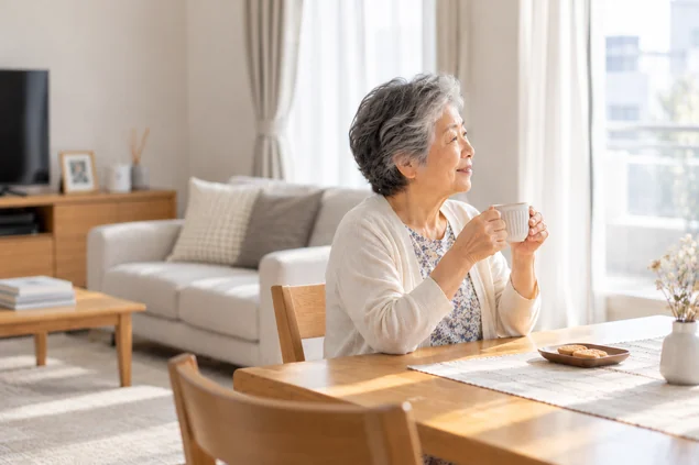 明るい自宅のリビングで、お茶を飲みながら穏やかに過ごす高齢女性